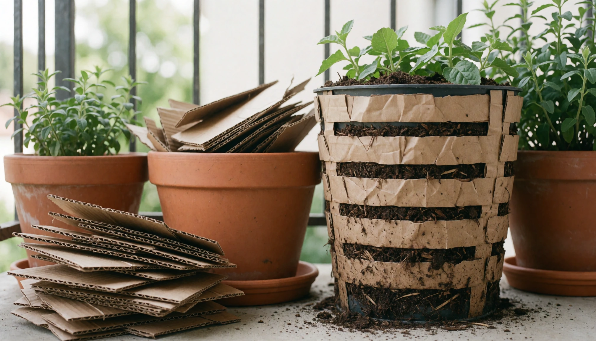 Compostage en pot avec carton et plantes sur un balcon
