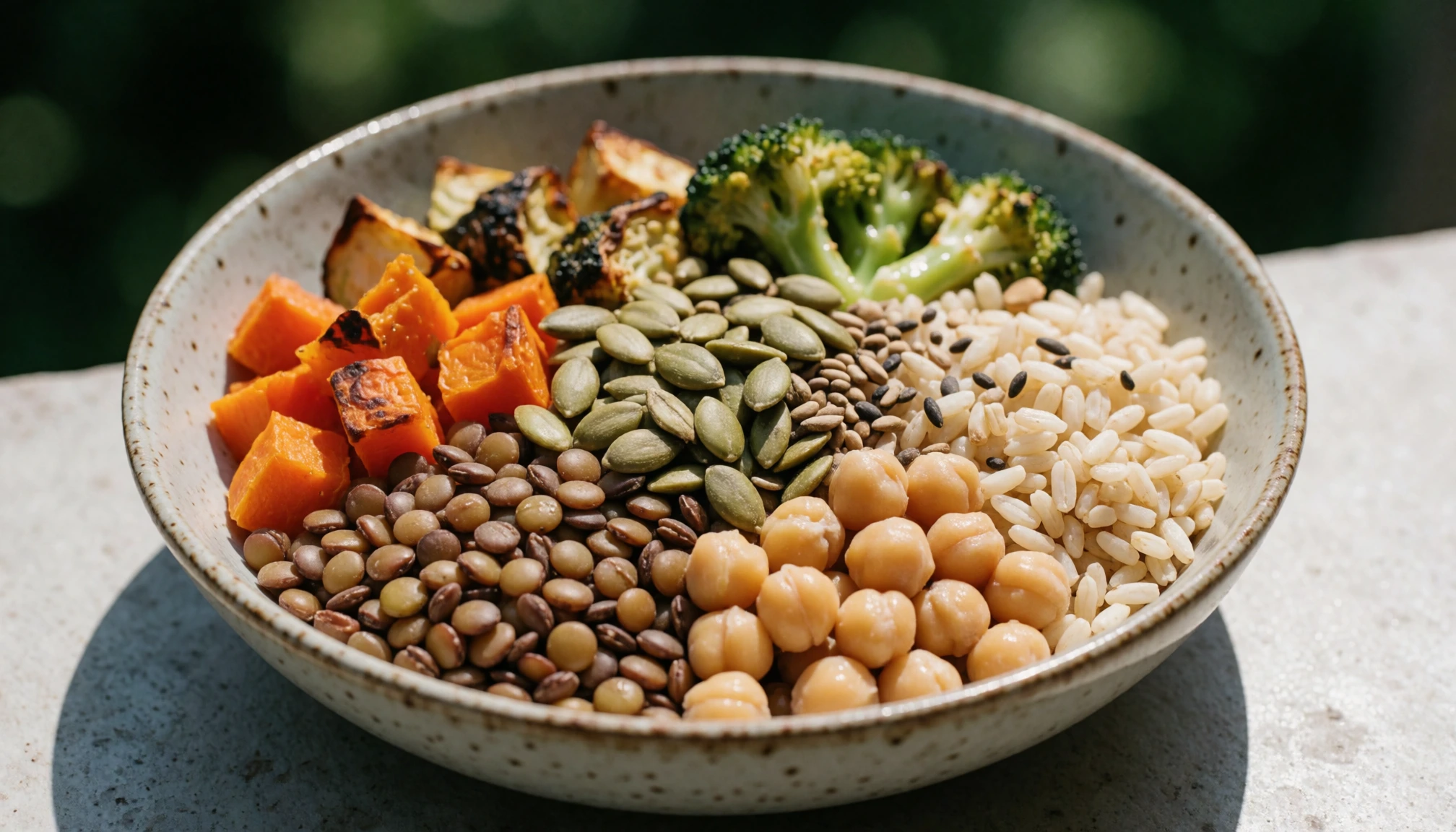 Assiette végétale composée de légumineuses, céréales, graines et légumes