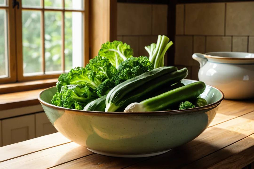 Légumes verts et bol en céramique pour une alimentation bio